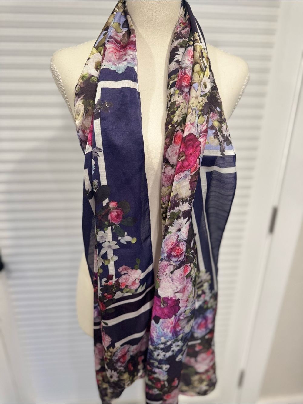 100% silk Echo Navy Floral Rectangle Scarf with Pink & Cream Accents 1130